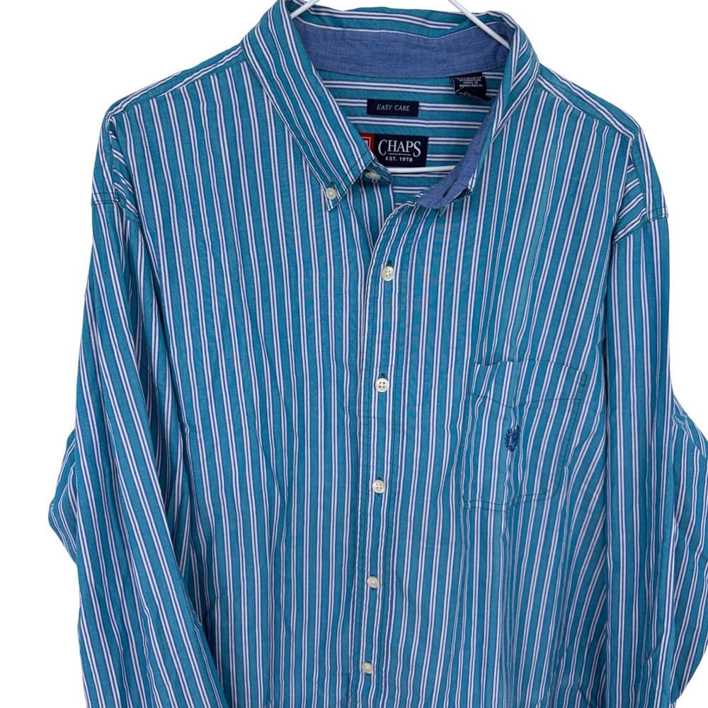 Chaps Long Sleeve Button Up Shirt Men's XXL Blue White Striped Easy Care‎ Aqua